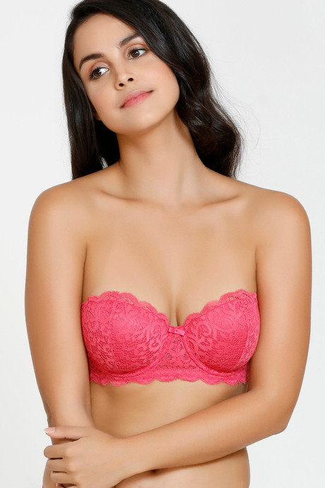 Vintage Lace Padded Wired Strapless Bra - Pink